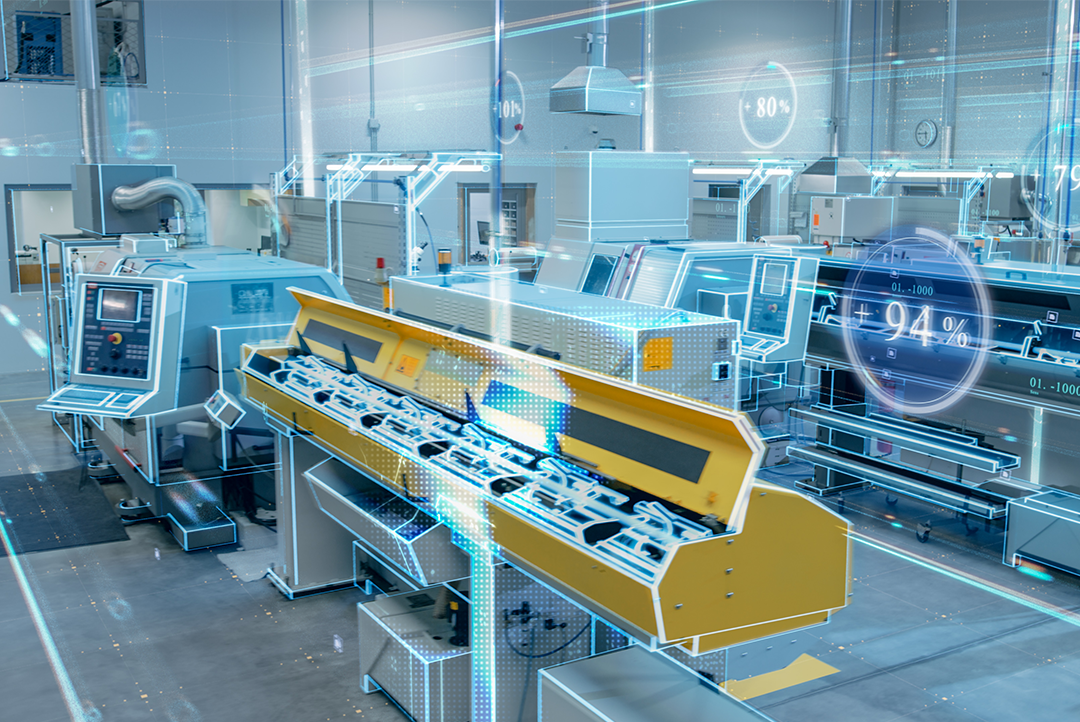 equipamento industrial com símbolos que remetem a tecnologia na indústria 4.0