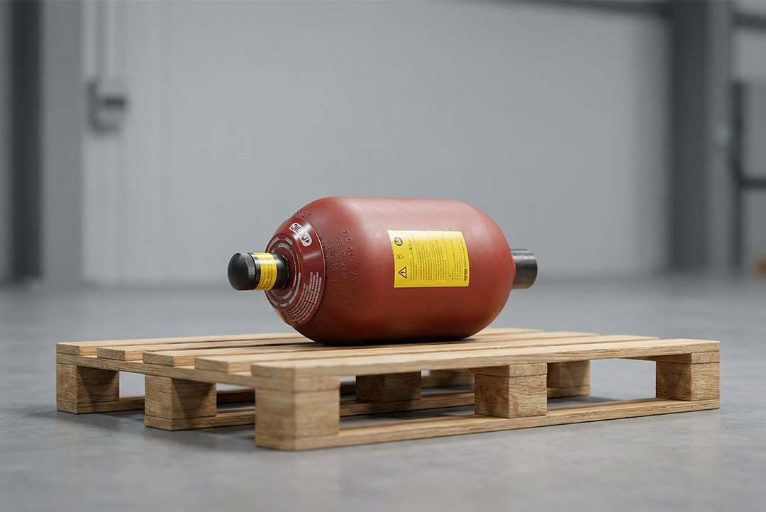 acumulador de pressão vermelho e amarelo, sobre um pallet de madeira.