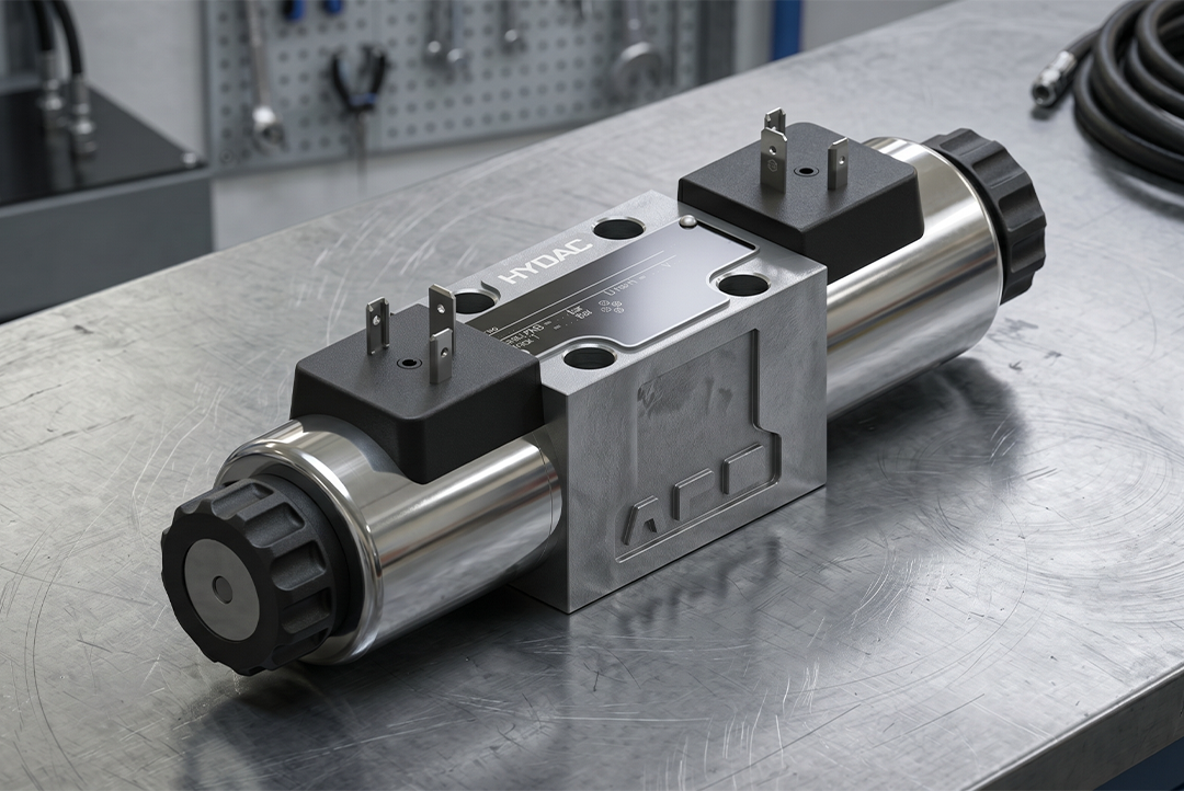 válvula direcional hidráulica sobre mesa de metal.